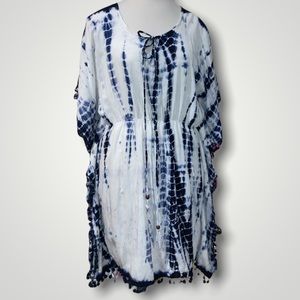 Daisy Island Swimwear BoHo Butterfly Wing Shaped Tie-Due Coverup pompom hem Sz L